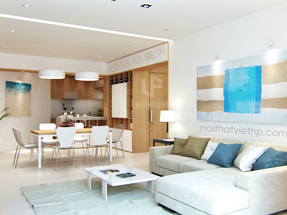 phối màu cho không gian bếp và phòng khách theo phong cách nội thất hiện đại tại Hải Phòng
